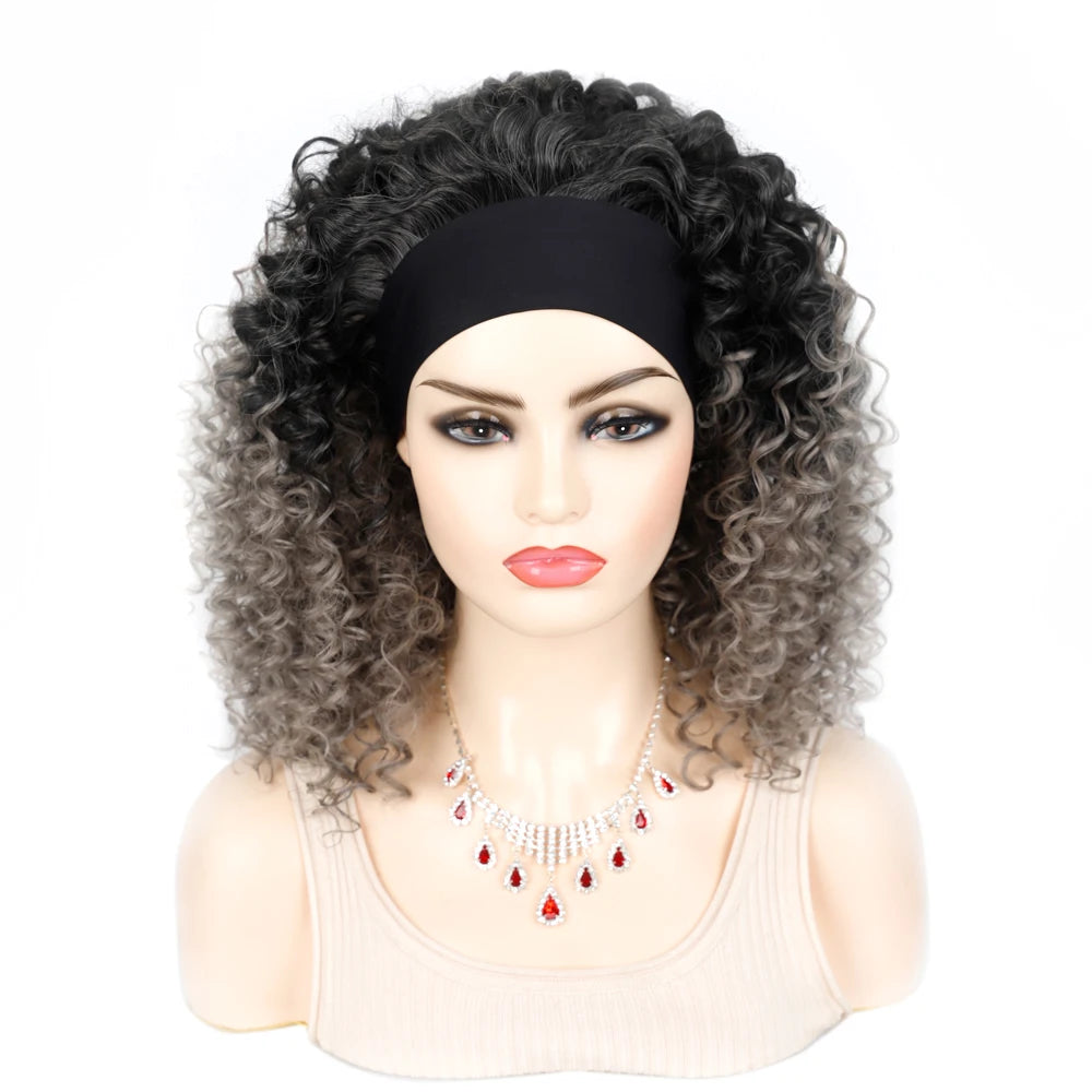 18 Inch Kinky Curly Headband Wig Ombre Afro Curly Wig with Scarf Natural Synthetic Fluffy Curly Turban Wigs for Women Cosplay