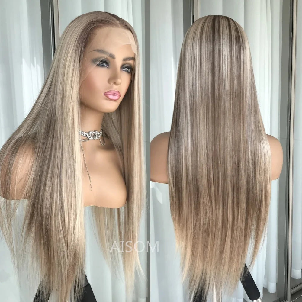 Highlight Blonde Platinum Straight Lace Front Wig Synthetic Hair for Women 13x4” Lace Frontal Wig Pre Plucked Blonde Colored Wig