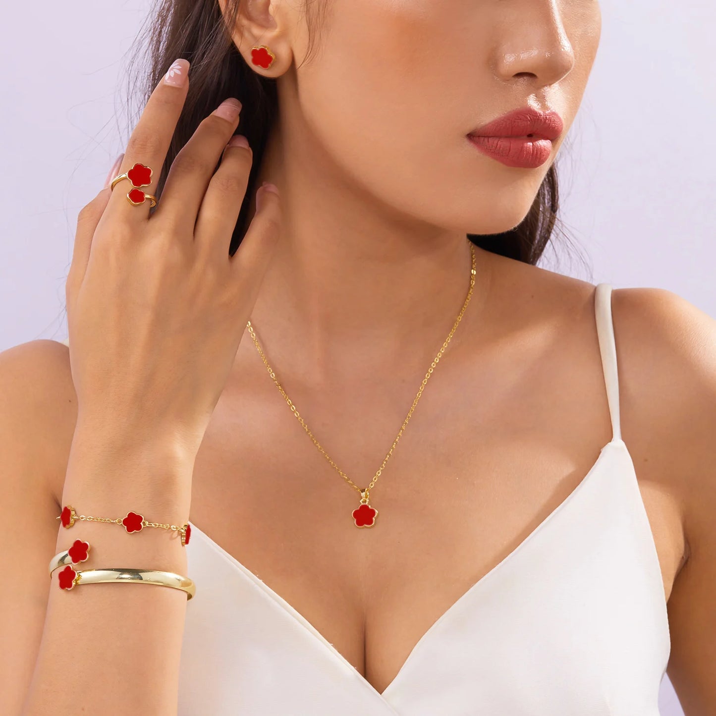 5pcs/set Colorful Enamel Plum Blossom Bracelets for Women Lucky Five Leaf Flower Necklace Earring Elegance Party Jewelry Gifts