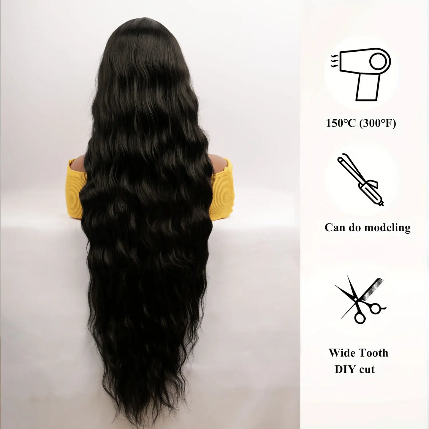 Extro Long Black Deep Wave Wigs 32 Inch Women Stylish Wavy Natural Looking Synthetic Wig for Beginner Friendly Party Cosplay Wig