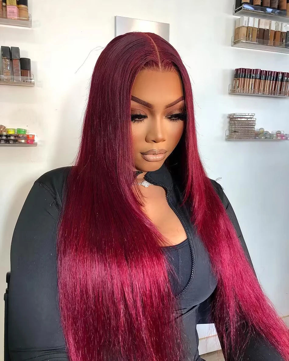 13x6 HD Lace Front Wig Human Hair Wigs 99J Red Burgundy Colored HD Transparent Pre Plucked Lace Frontal Human Hair Wigs Straight