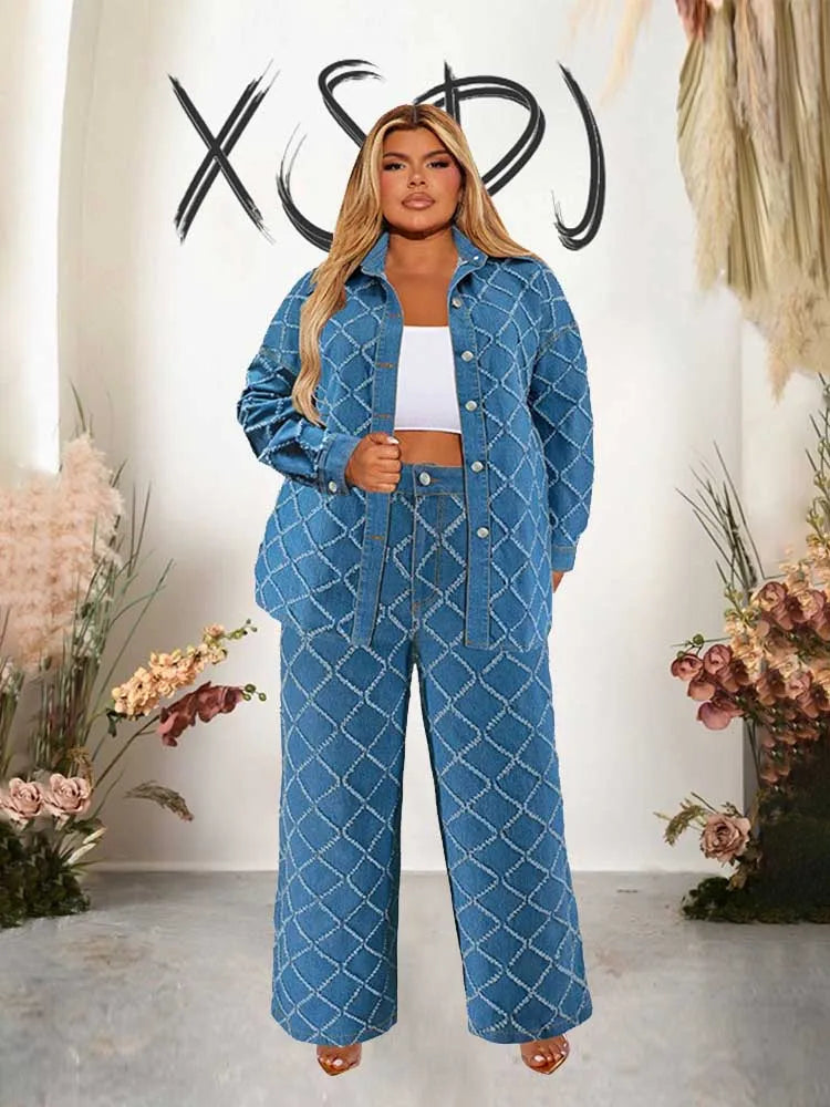 Denim 2 Piece Set Women Jeans and Jacket Winter Casual Outfits Long Sleeve Denim Plaid Coat and Pants Sets Plus Size Clothes