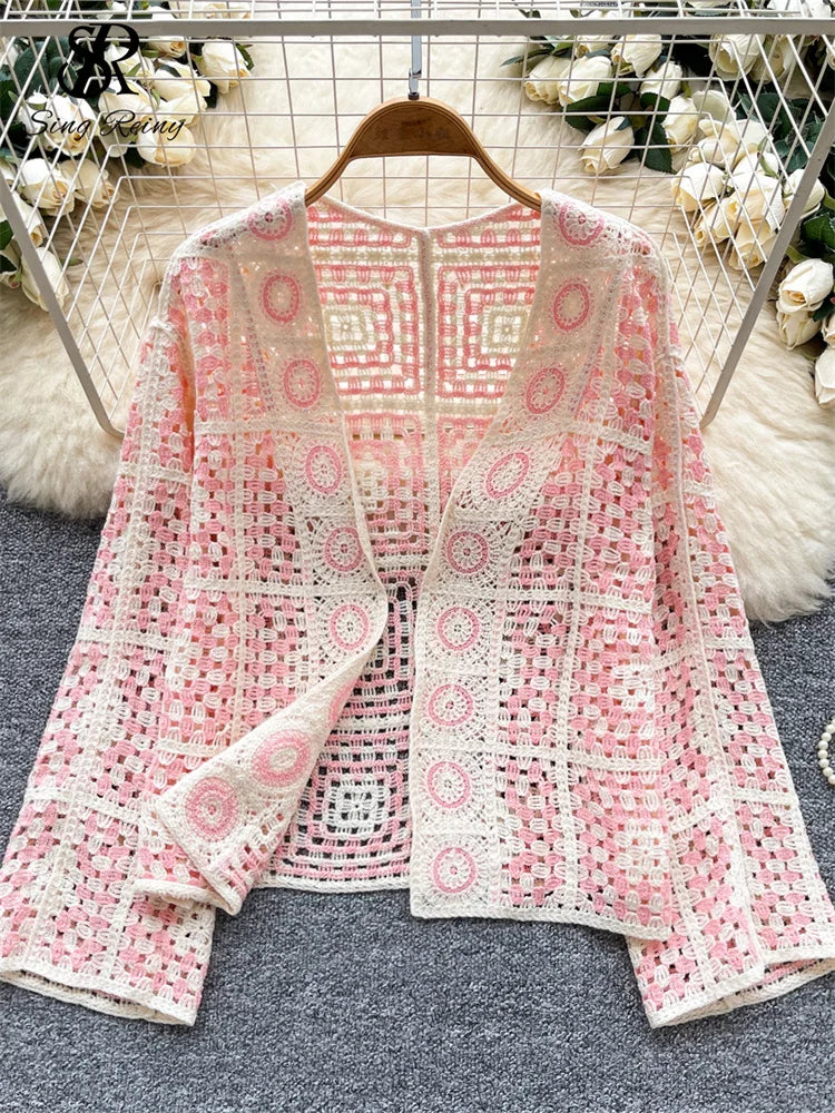 SINGREINY Vintage Boho Loose Plaid Cardigans Female Long Sleeves Hook Flower Hollow Tops 2025 Vacation Sunscreen Casual Shirt