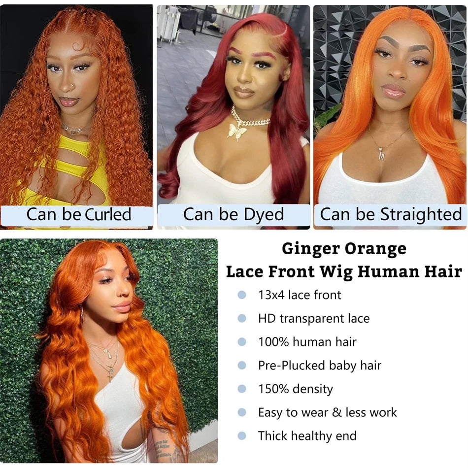 HD 13X6 Orange Ginger Lace Front Wig 100% Human Hair 13x4 Body Wave Lace Frontal Wig Pre Plucked Colored Human Hair Wig On Sale
