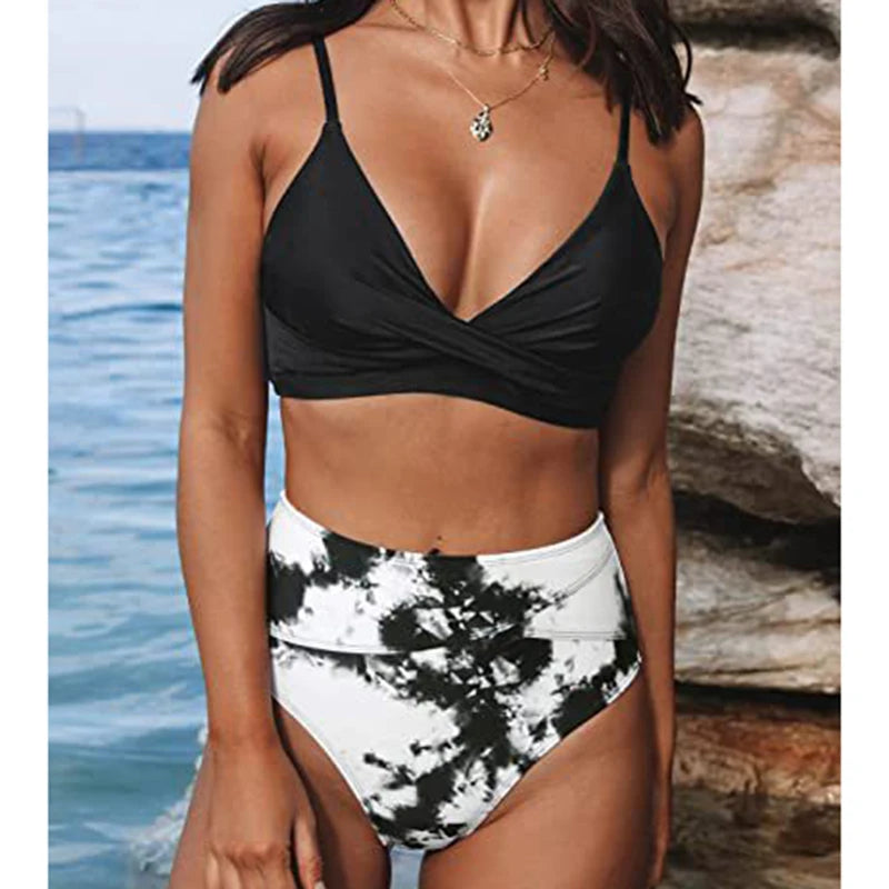 Bikini Set Women's 2 Piece Swimwear Cross Ruched V Neck High Waisted Push Up Bikini 2025 New Beach Vacation Ladies Bathing Suit