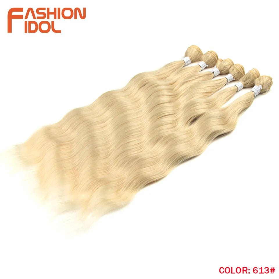 FASHION IDOL Water Wave Hair Bundles Synthetic Hair Extensions Ombre Blonde Hair Weave Bundles 6pcs 20" High Temperature Fiber