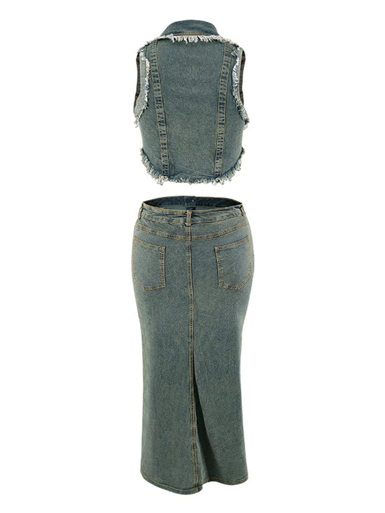 Plus Size 2-Piece Women's Summer Outfit Sleeveless Top And Blue Denim Skirt Set Elegant Lady Dress Wholesale Dropshipping