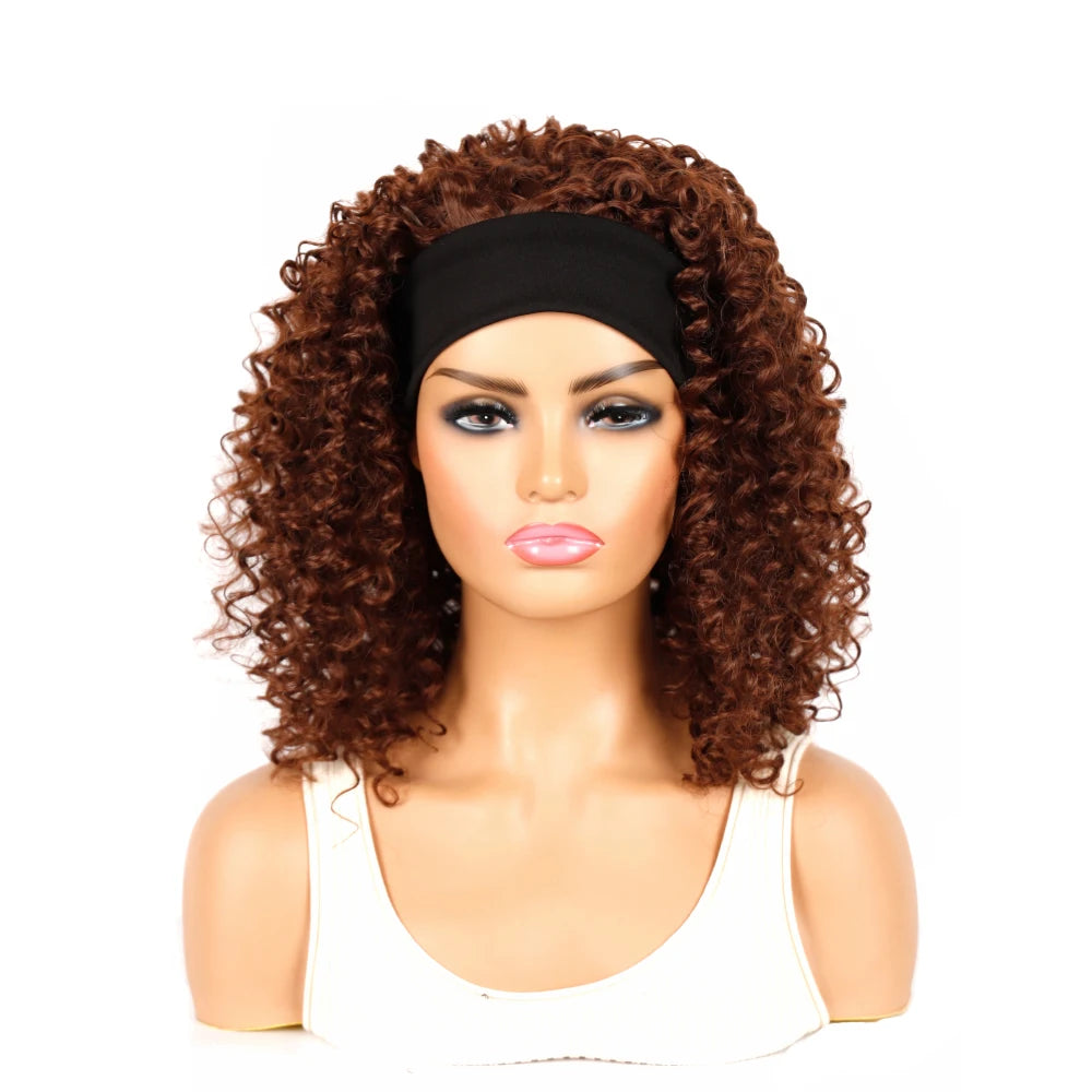 18 Inch Kinky Curly Headband Wig Ombre Afro Curly Wig with Scarf Natural Synthetic Fluffy Curly Turban Wigs for Women Cosplay