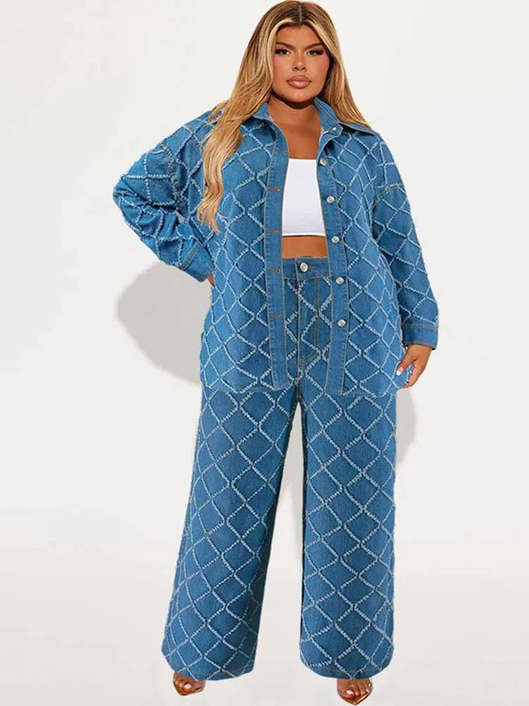 Denim 2 Piece Set Women Jeans and Jacket Winter Casual Outfits Long Sleeve Denim Plaid Coat and Pants Sets Plus Size Clothes