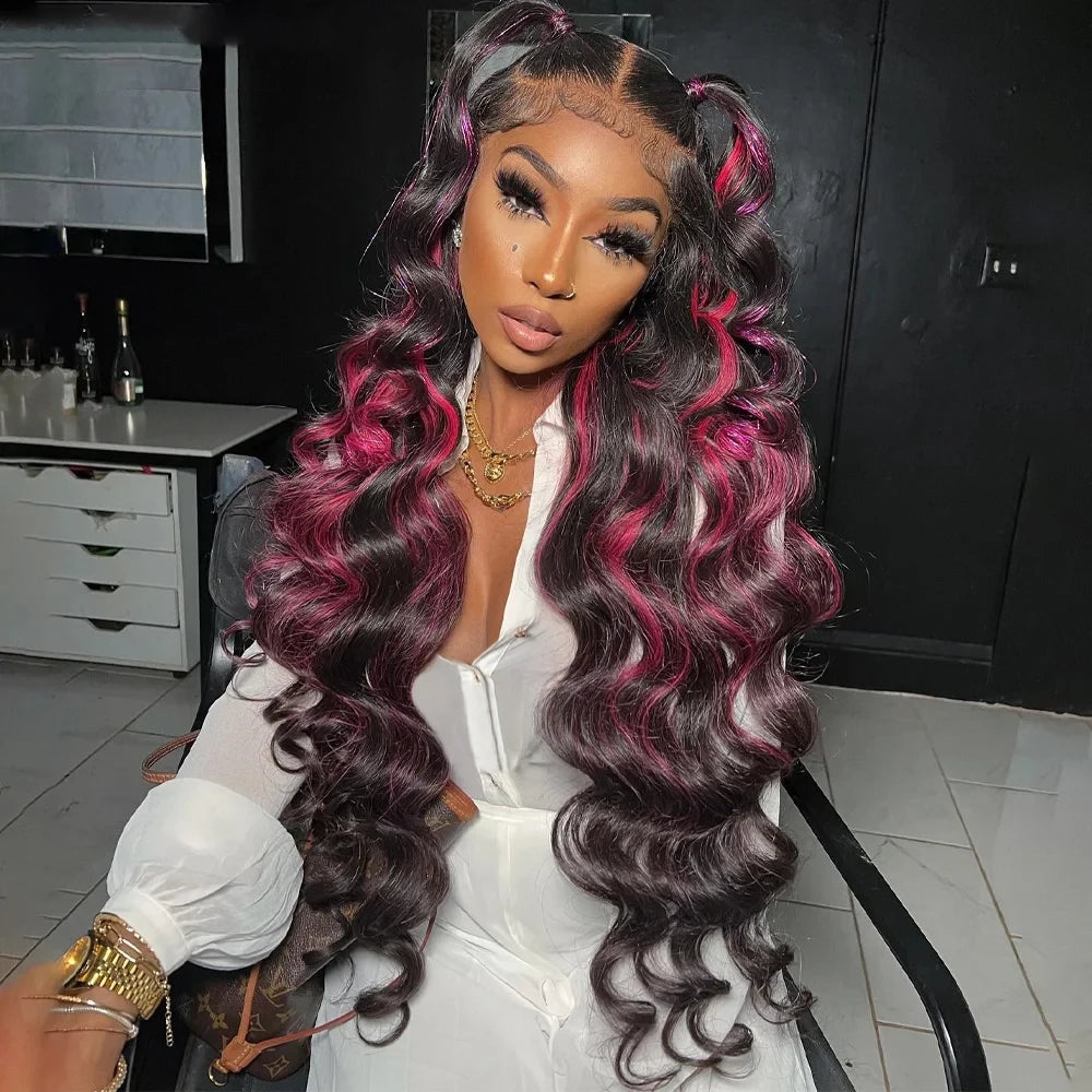 Pink Highlight Colored Lace Front Wig Synthetic Glueless Loose Wave Pre Plucked 13x4 HD Transparent Lace Frontal Wigs For Women