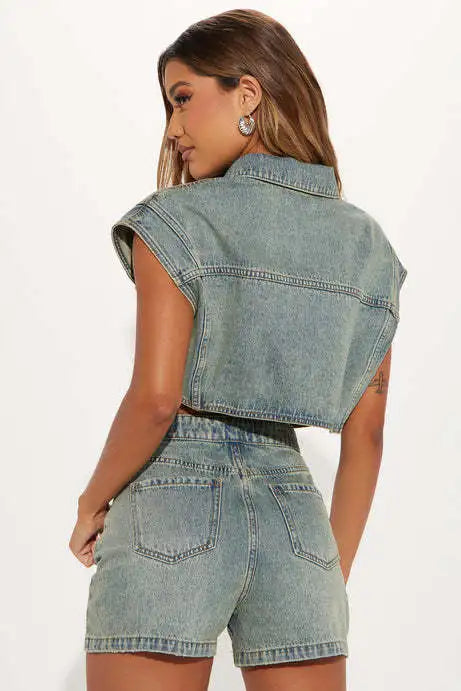 CM.YAYA Fashion Denim Women's Set Short Sleeve Jackets Tops and Shorts Jeans Sets 2025 Summer Two 2 Piece Sets Outfits Tracksuit