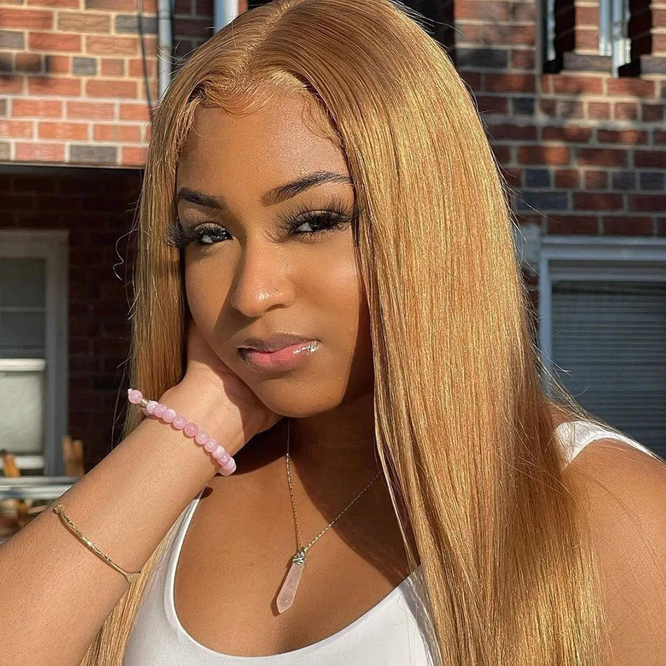 #27 Colored Peruvian Straight Honey Blonde Lace Front Wigs Human Hair Lace Frontal Wigs 13X4 HD Lace Front Human Hair Wigs
