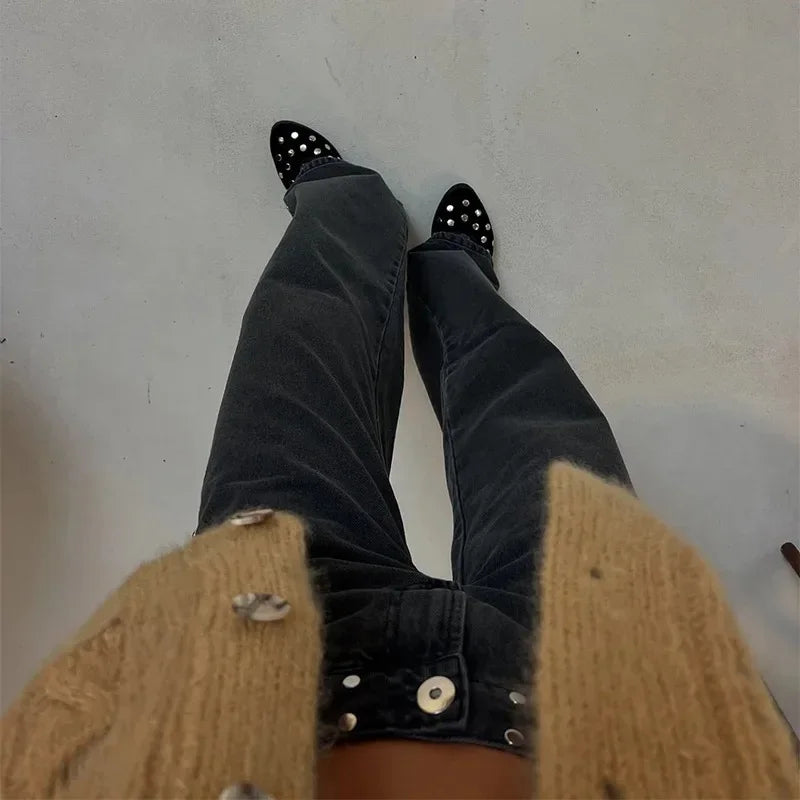 New Fashion Retro Rivet Star Print Baggy Straight Blue Jeans Y2K Women's Simple Classic Wide-leg Jeans Hip-hop Harajuku Jeans