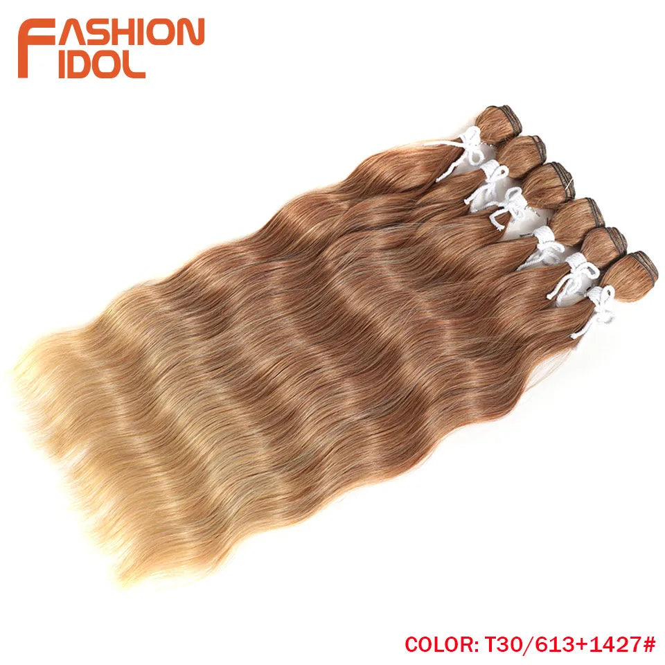 FASHION IDOL Water Wave Hair Bundles Synthetic Hair Extensions Ombre Blonde Hair Weave Bundles 6pcs 20" High Temperature Fiber