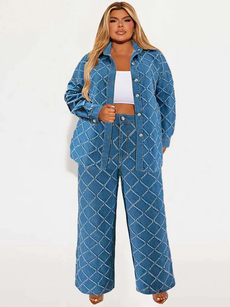 Denim 2 Piece Set Women Jeans and Jacket Winter Casual Outfits Long Sleeve Denim Plaid Coat and Pants Sets Plus Size Clothes