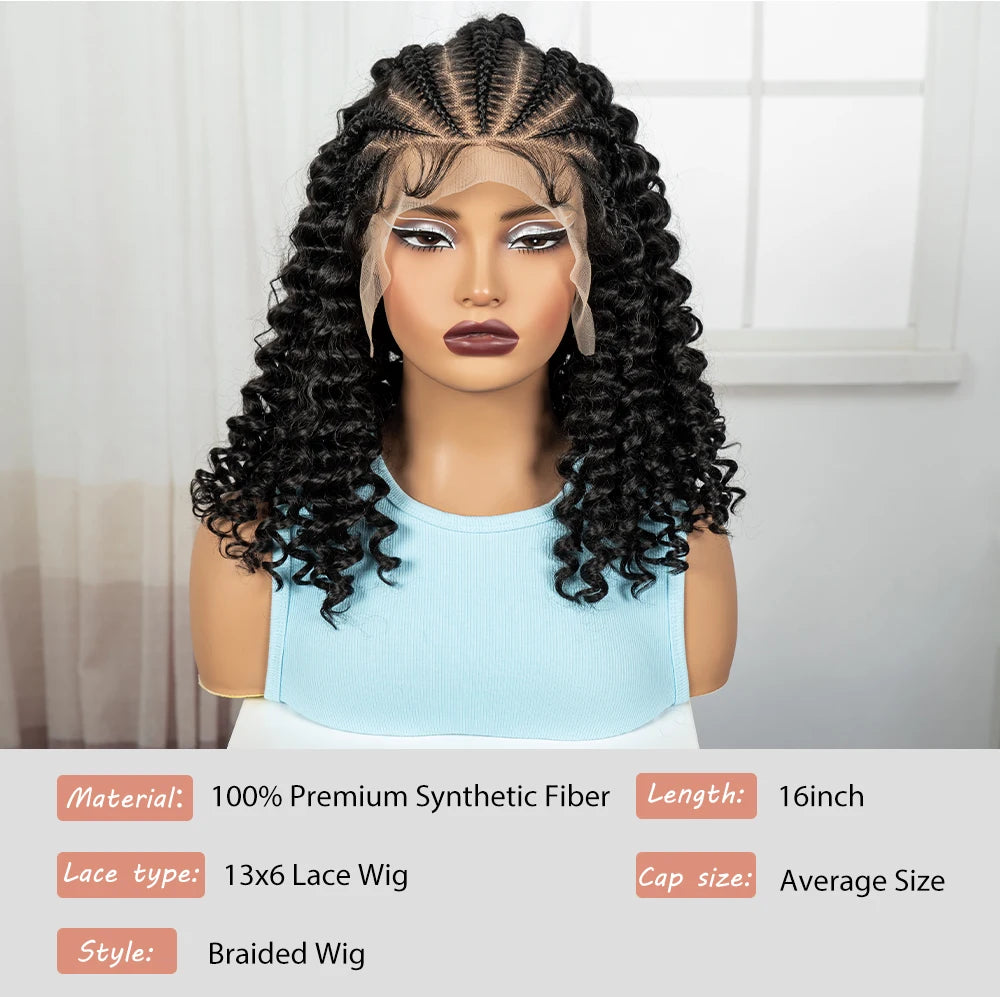 16inch 13x6 Lace Frontal Curly Hair Bob Wigs with Cornrow Braids Synthetic Deep Wave Brazilian Remy Hair Wigs for Black Women