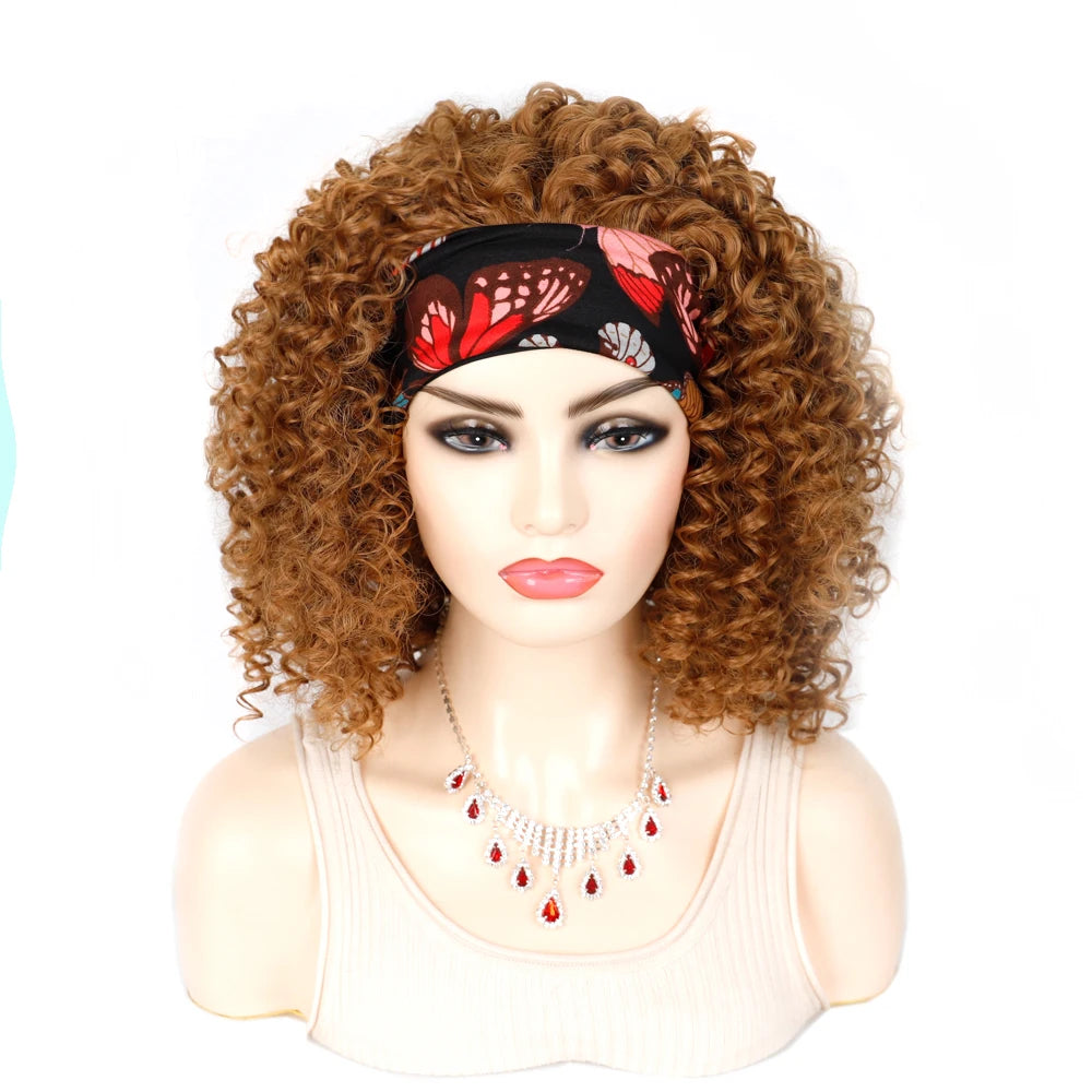 18 Inch Kinky Curly Headband Wig Ombre Afro Curly Wig with Scarf Natural Synthetic Fluffy Curly Turban Wigs for Women Cosplay
