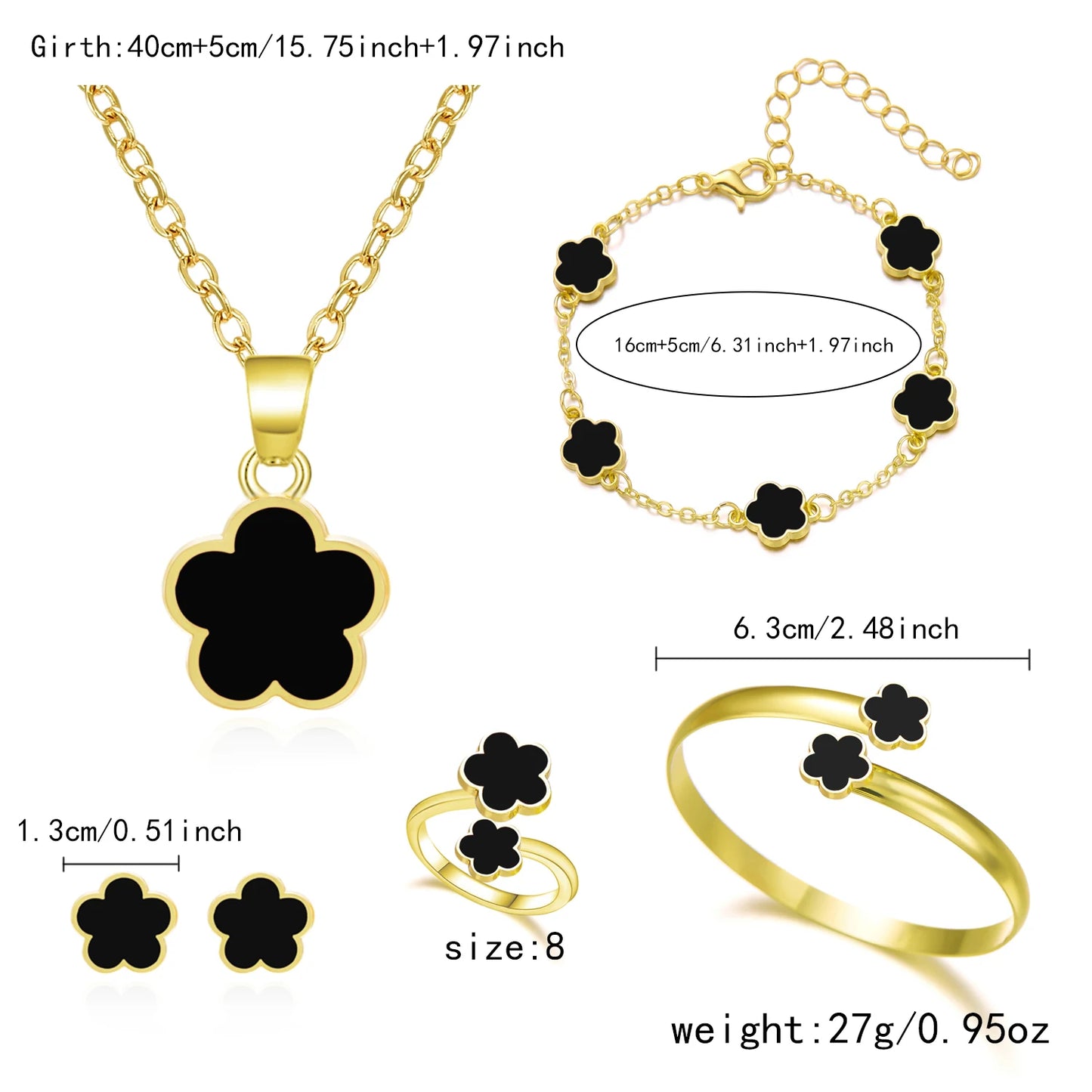 5pcs/set Colorful Enamel Plum Blossom Bracelets for Women Lucky Five Leaf Flower Necklace Earring Elegance Party Jewelry Gifts