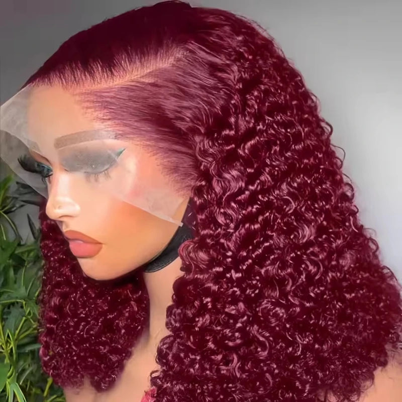 99J Colored Curly Deep Water Wave Lace Front Wig 13x4 Burgundy Remy Short Bob Frontal Human Hair Wigs Women Pre Plucked Wig 200%