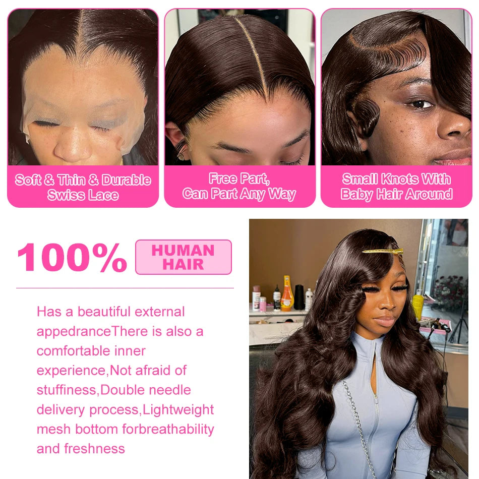 Rosabeauty Brazilian Chocolate Brown Body Wave Lace Front Human Hair Wigs 36 38 40 Inch Brown 13x6 HD Lace Frontal Wig For Women