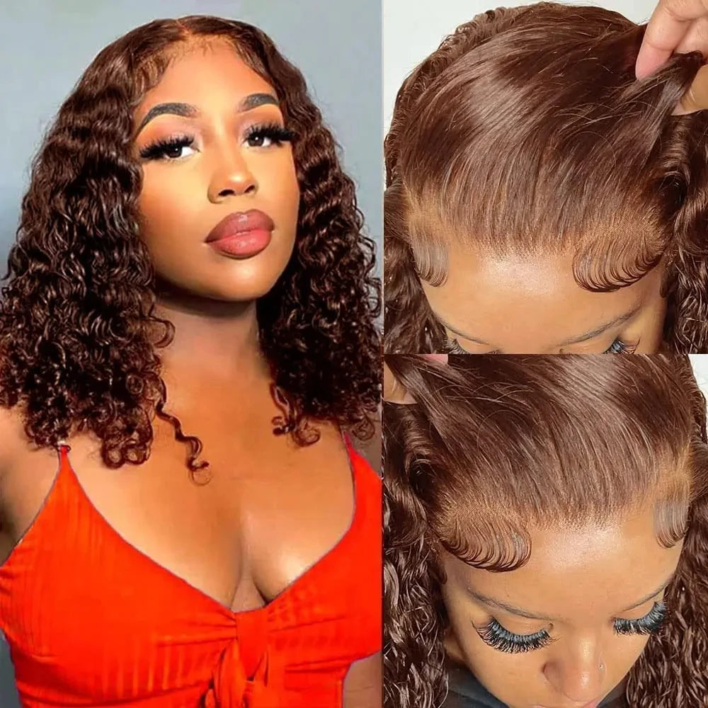 Brown #4 Colored Curly Short Bob Wig 13x4 Bob Wigs Brazilian Water Deep Wave Human Hair Wig Preplucked For Woman Short Pixie Cut