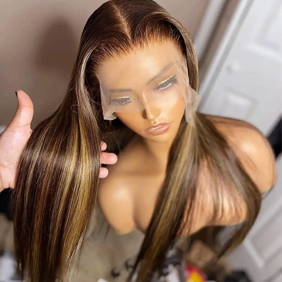 Highlight Colored Lace Front Human Hair Wigs For Women Pre Plucked 13x4 Bone Straight Transparent Lace Frontal Wig On Sale