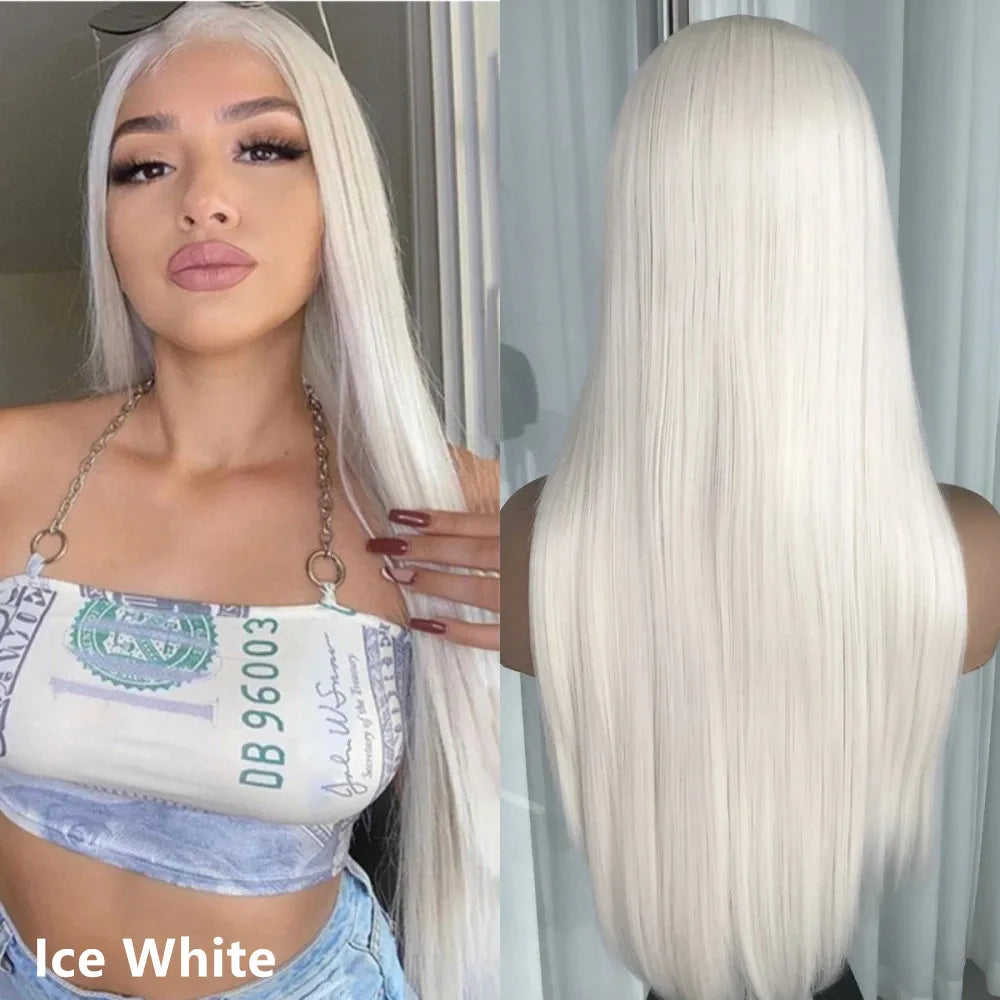 Highlight Blonde Platinum Straight Lace Front Wig Synthetic Hair for Women 13x4” Lace Frontal Wig Pre Plucked Blonde Colored Wig