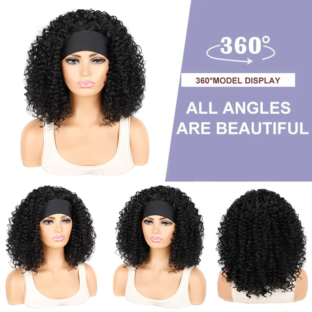 18 Inch Kinky Curly Headband Wig Ombre Afro Curly Wig with Scarf Natural Synthetic Fluffy Curly Turban Wigs for Women Cosplay