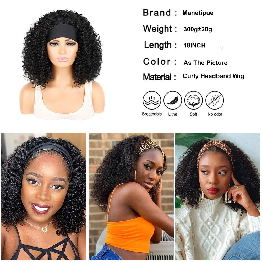 18 Inch Kinky Curly Headband Wig Ombre Afro Curly Wig with Scarf Natural Synthetic Fluffy Curly Turban Wigs for Women Cosplay