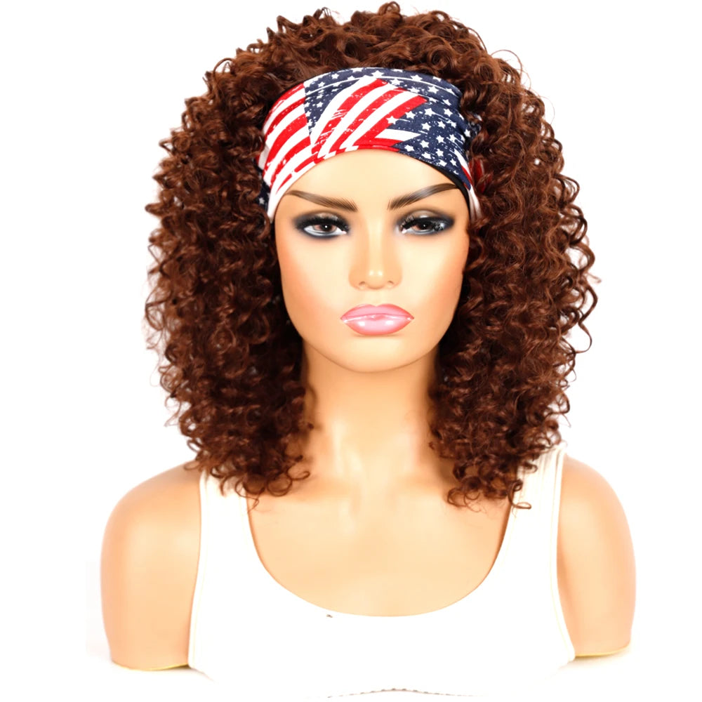 18 Inch Kinky Curly Headband Wig Ombre Afro Curly Wig with Scarf Natural Synthetic Fluffy Curly Turban Wigs for Women Cosplay