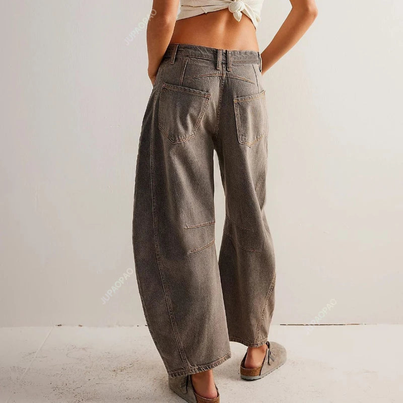 European and American Women's Casual Loose Mid Rise Jeans Trendy Loose Denim Pants Straight Leg Pants Round Neck Jeans Clothes