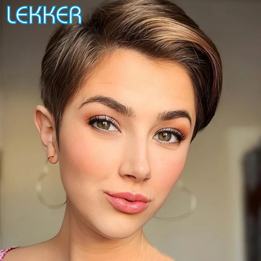 Lekker Ombre Blonde Short Pixie Cut Bob 100% Human Hair Wigs For Women Brazilian Remy Hair Full Machine Made Straight Color Wigs