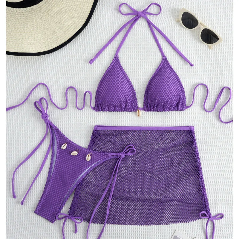 New Sexy Net Bikinis Female Swimsuits Women Three-Piece Swimwear Beach Swim Wear Bathing Suits Brazilian Bikini Set Pool Bather