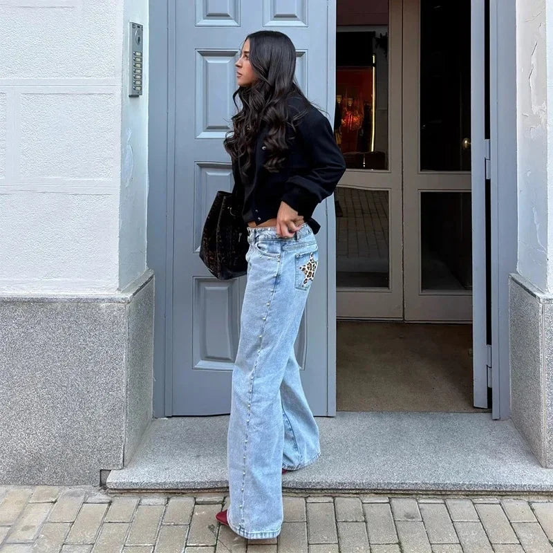 New Fashion Retro Rivet Star Print Baggy Straight Blue Jeans Y2K Women's Simple Classic Wide-leg Jeans Hip-hop Harajuku Jeans