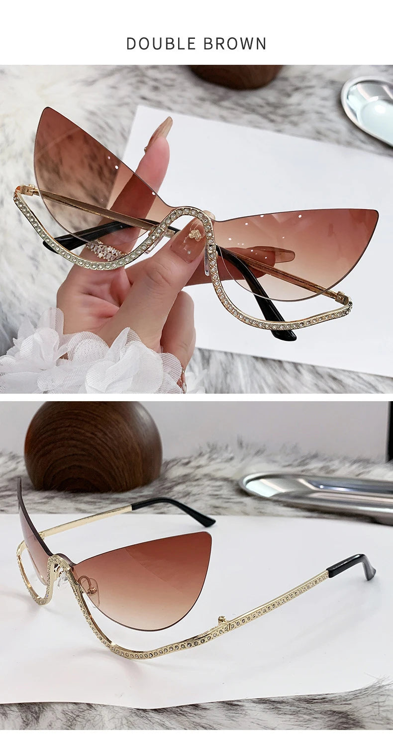 Sexy Cat Eye Rhinestone Rimless Sunglasses Women 2025 Luxury Brand Retro Metal Frame Punk Sun Glasses For Ladies Trendy Shades
