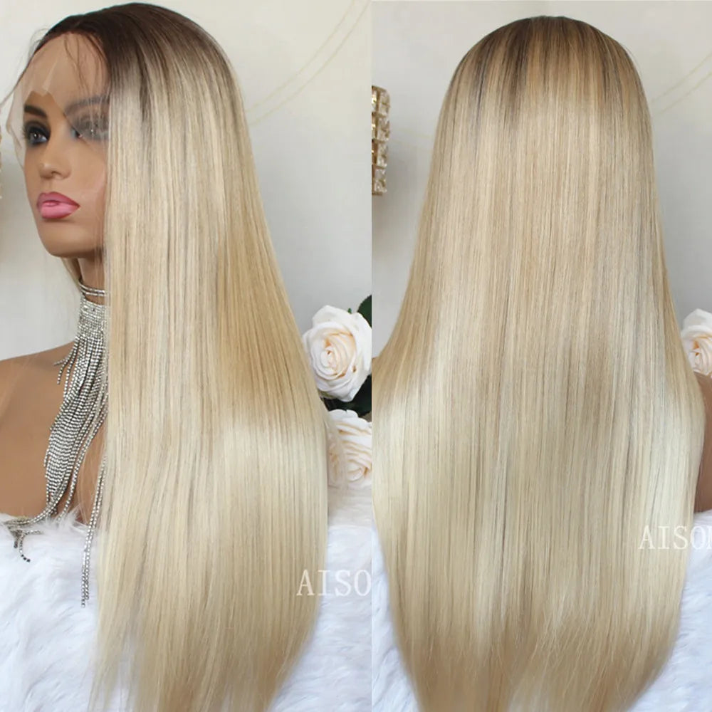 Highlight Blonde Platinum Straight Lace Front Wig Synthetic Hair for Women 13x4” Lace Frontal Wig Pre Plucked Blonde Colored Wig