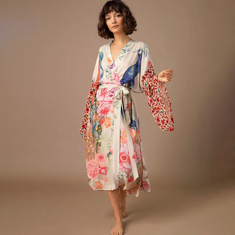 Beach Kimono for Women Peocock Printed Swimsuit Cover Up Self Belted Wrap Dresses Seaside Bathing Suits Beachwear