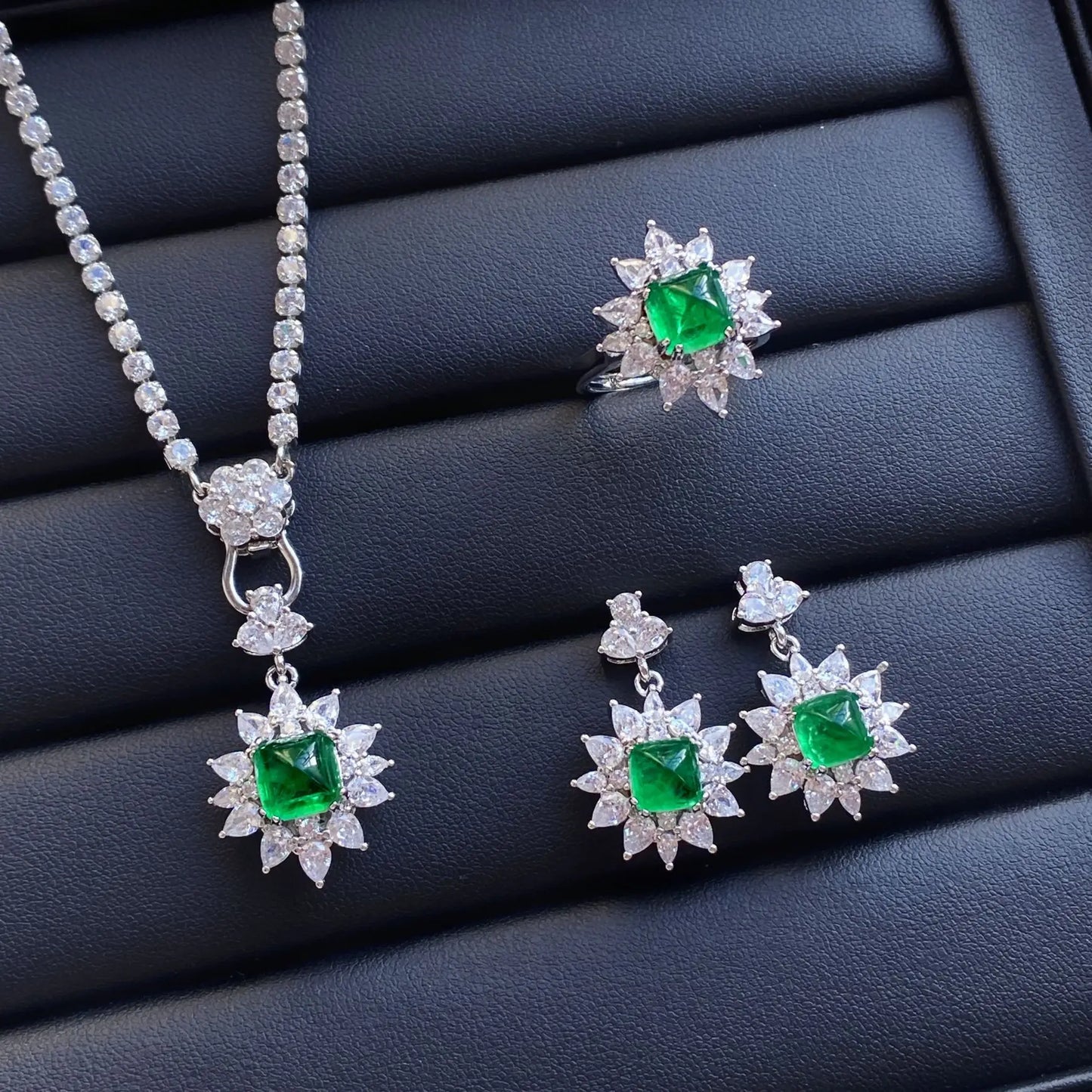 Valuable Lab Jade Diamond Jewelry set 925 Sterling Silver Engagement Wedding Rings Earrings Necklace For Women Bridal Party Gift