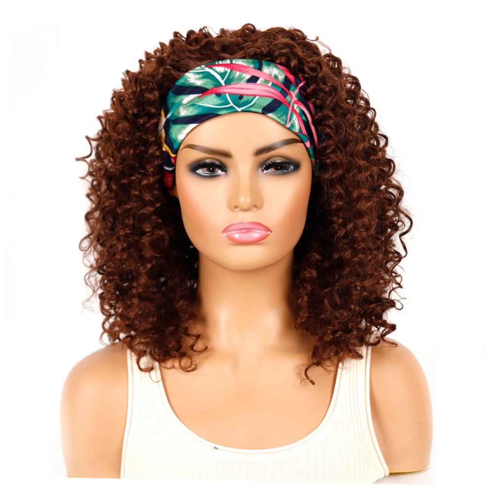 18 Inch Kinky Curly Headband Wig Ombre Afro Curly Wig with Scarf Natural Synthetic Fluffy Curly Turban Wigs for Women Cosplay