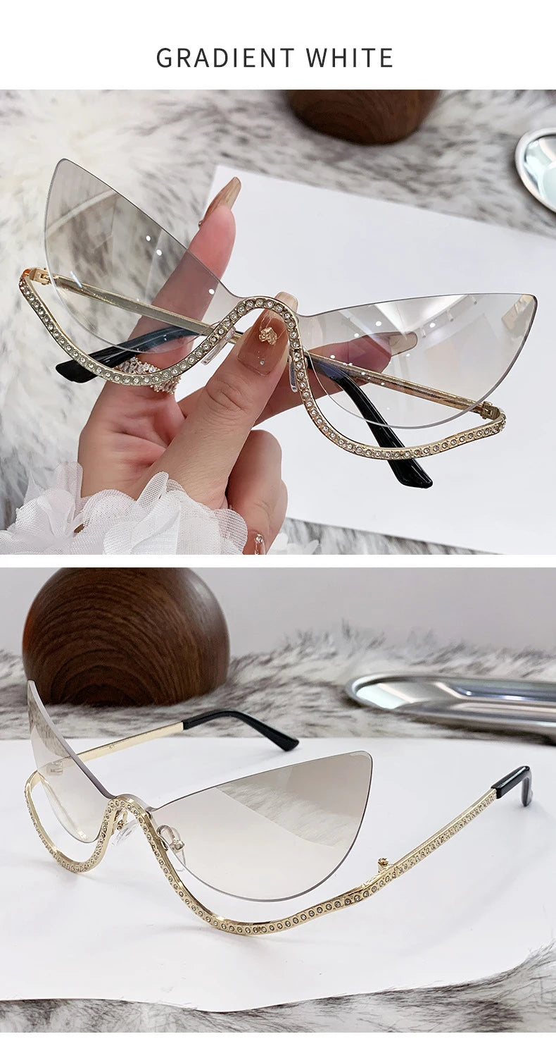 Sexy Cat Eye Rhinestone Rimless Sunglasses Women 2025 Luxury Brand Retro Metal Frame Punk Sun Glasses For Ladies Trendy Shades