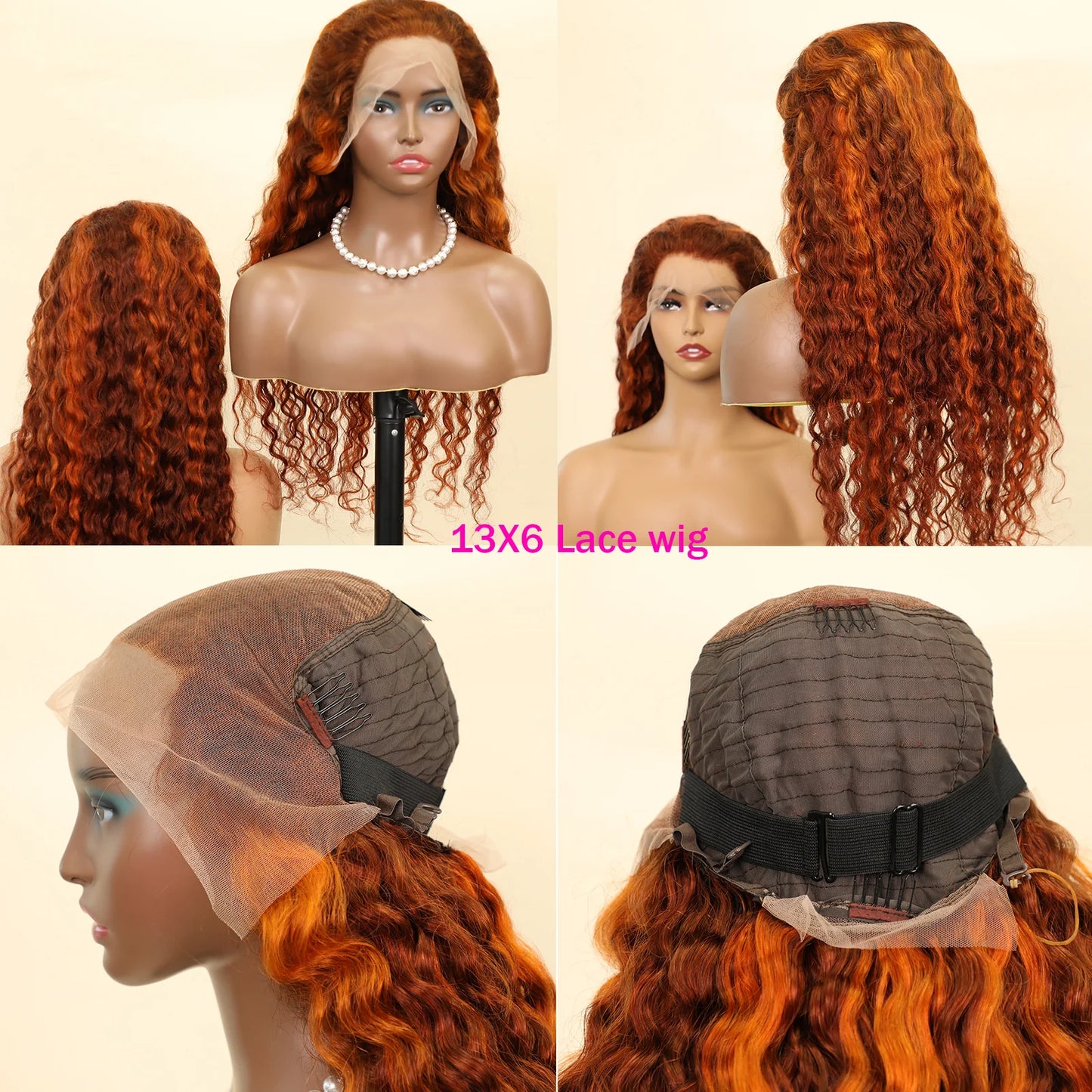 4/350 Highlight Water Wave 13x4 Transparent Lace Frontal Human Hair Wig 220% Ombre Ginger Human Hair Wig Color Curly Wigs 34Inch