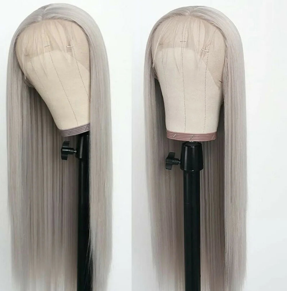 #60 Platinum Blonde Wig Synthetic Lace Front Wigs For Women Long Silky Straight Wig Lace Hair Grey Blue Pink Wig Frontal Cosplay