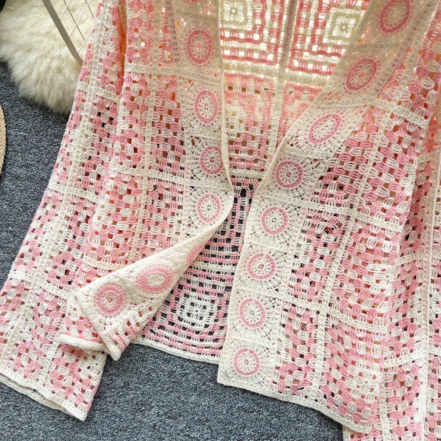 SINGREINY Vintage Boho Loose Plaid Cardigans Female Long Sleeves Hook Flower Hollow Tops 2025 Vacation Sunscreen Casual Shirt
