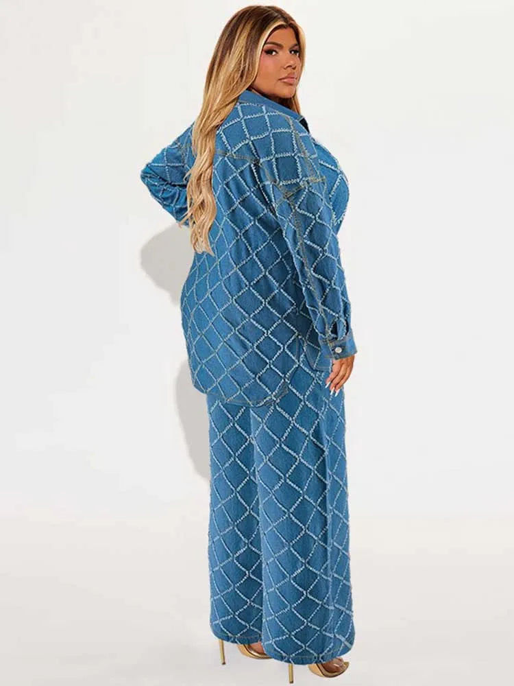 Denim 2 Piece Set Women Jeans and Jacket Winter Casual Outfits Long Sleeve Denim Plaid Coat and Pants Sets Plus Size Clothes