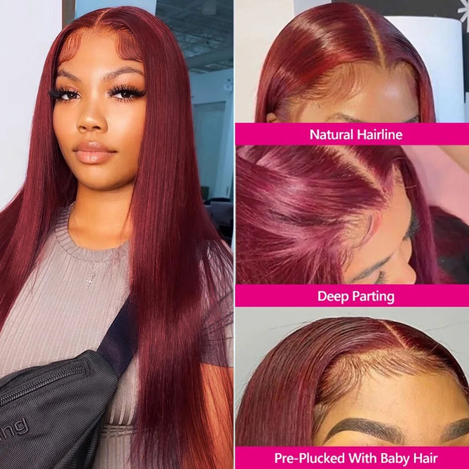 13x6 HD Lace Front Wig Human Hair Wigs 99J Red Burgundy Colored HD Transparent Pre Plucked Lace Frontal Human Hair Wigs Straight