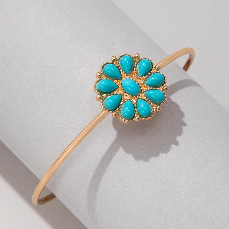 Tocona New Flower Inlaid Brick Open Bangle for Women's Vintage Green Stone Single Bracelet Party Jewelry Accessories брасле23692