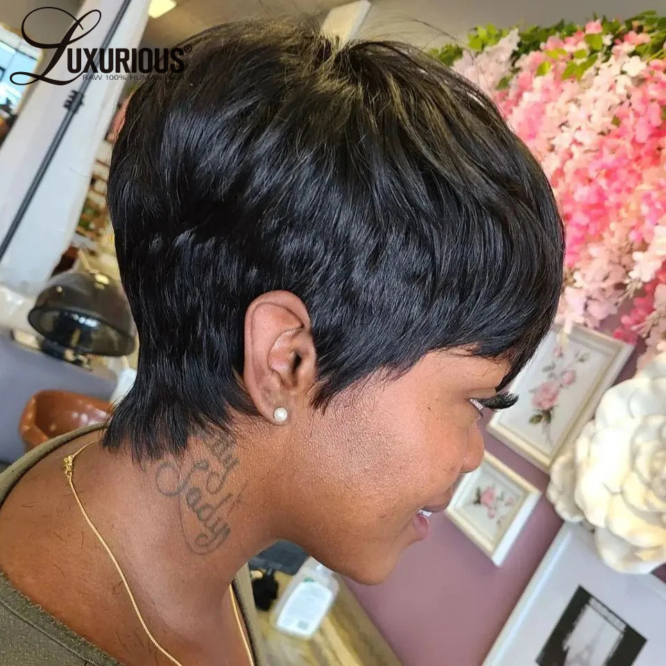 Short Bob Straight Human Hair Wig With Bangs Full Machine Made Long Pixie Cut Wig Glueless 150% Wave Wear And Go Wigs For Women