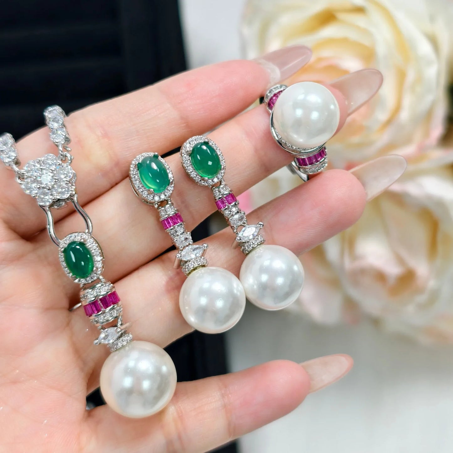 Valuable Lab Jade Diamond Jewelry set 925 Sterling Silver Engagement Wedding Rings Earrings Necklace For Women Bridal Party Gift