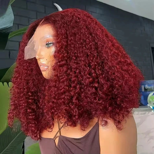 99J Colored Curly Deep Water Wave Lace Front Wig 13x4 Burgundy Remy Short Bob Frontal Human Hair Wigs Women Pre Plucked Wig 200%