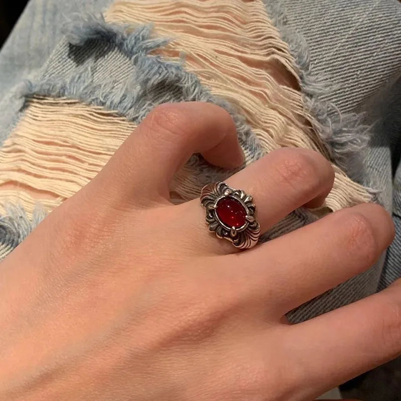 LATS Vintage Gothic Red Crystal Cross Geometry Open Rings for Women Y2k Punk Creative Grunge Jewelry Accessories Gift